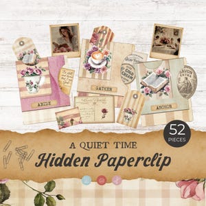 May include: A collection of vintage-style paper ephemera with floral and striped designs. Includes tags, cards, and illustrations with text like "ABIDE", "GATHER", and "ANCHOR". The set is labeled "A QUIET TIME Hidden Paperclip" and contains 52 pieces.