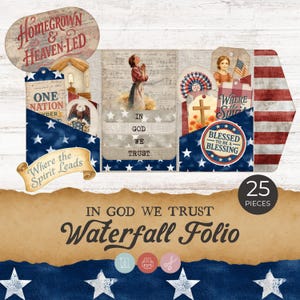 May include: A patriotic waterfall folio with a blue and white star pattern, red and white stripes, and various decorative elements. The text includes "In God We Trust," "Blessed to be a Blessing," and "Where the Spirit Leads."
