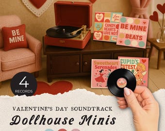 Miniálbumes imprimibles para San Valentín, discos de vinilo en miniatura románticos para imprimir, miniaccesorios para casas de muñecas, decoración para casas de muñecas para imprimir.