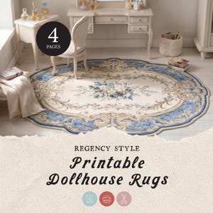 Peut inclure: Un tapis ovale pour maison de poupée avec un centre crème et une bordure bleue. Le tapis présente un motif floral dans les tons de bleu et de crème. Le texte "REGENCY STYLE Printable Dollhouse Rugs" est affiché en dessous. Un cercle noir avec le chiffre "4 PAGES" est en haut à gauche.