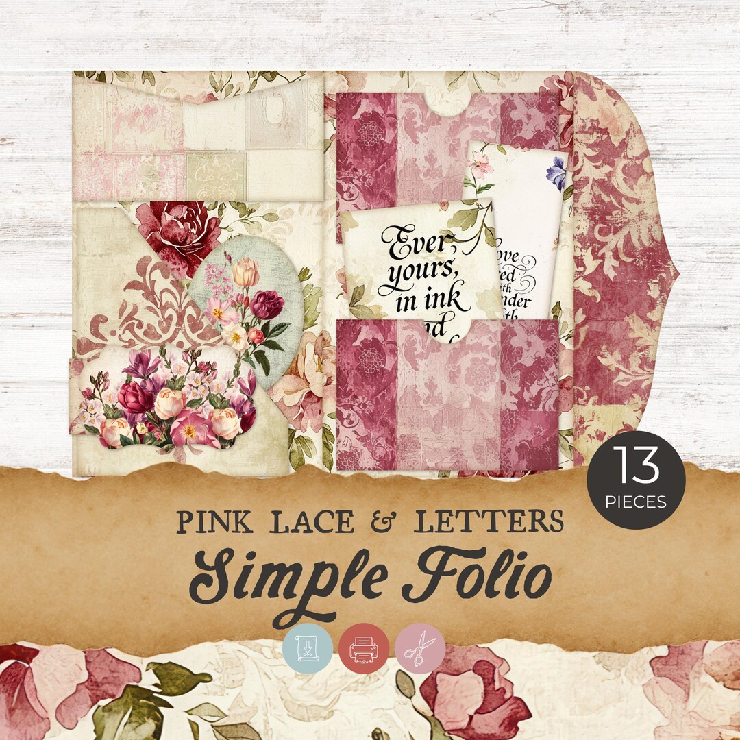 Pink Lace Junk Journal Folio Printables, Romantic Floral Simple Folio ...