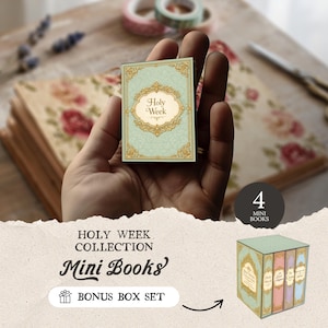 May include: A miniature book with a light blue cover and gold accents, held in a hand. The book is labeled "Holy Week." The image also shows a set of four mini books in a decorative box, labeled "Holy Week Collection Mini Books Bonus Box Set."
