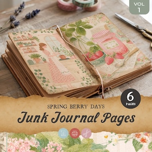 Puede incluir: Diario basura abierto con páginas ilustradas que presentan a una mujer con un vestido rosa, fresas y un tarro de mermelada. El diario está abierto para mostrar las páginas. El texto "Spring Berry Days" y "Junk Journal Pages" es visible.