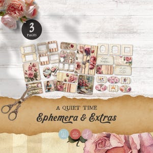 May include: A collection of vintage-style ephemera and extras with a floral theme. The set includes tags, labels, and decorative elements featuring roses and the text "A Quiet Time". A pair of scissors is also included.