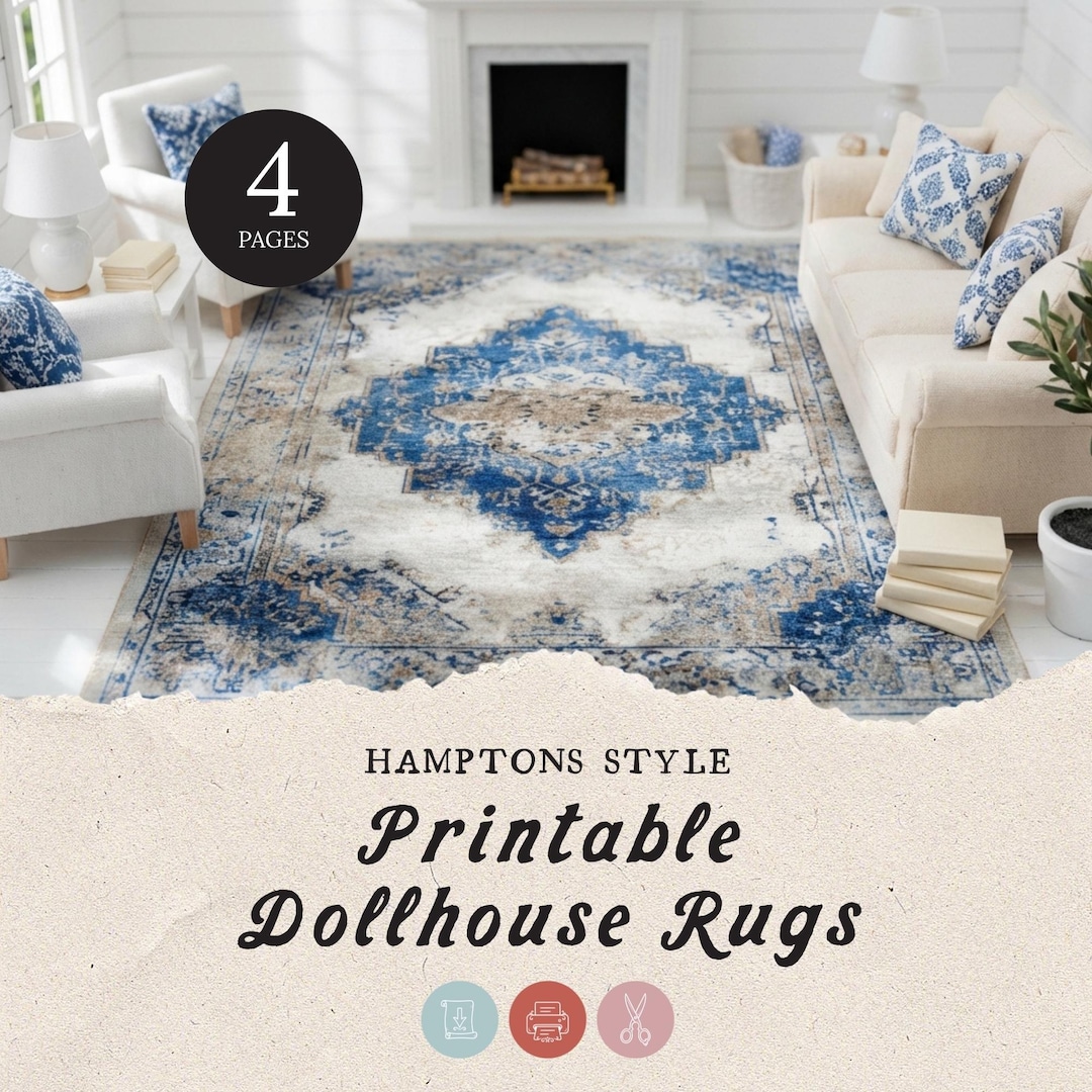 Printable Blue Rug Hamptons Style Printable Dollhouse Rugs, 1:12 Scale Printable, Coastal ...