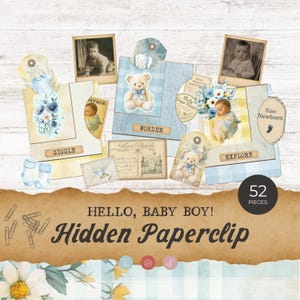 Vintage Hidden Paperclips Printable, Baby Boy Hidden Paperclip Pocket, Blue Hidden Paperclip Bookmark, Junk Journal Hidden Paperclip SH02