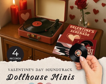 Miniálbumes imprimibles para San Valentín, discos de vinilo en miniatura románticos para imprimir, miniaccesorios para casas de muñecas, decoración para casas de muñecas para imprimir.