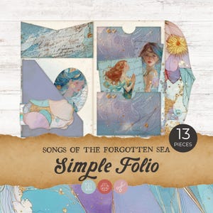 Könnte beinhalten: Ein Simple Folio mit dem Titel "Songs of the Forgotten Sea" mit 13 Teilen. Das Folio zeigt Illustrationen von Meerjungfrauen in Blau-, Lila- und Goldtönen. Das Design umfasst Schrift- und dekorative Elemente.