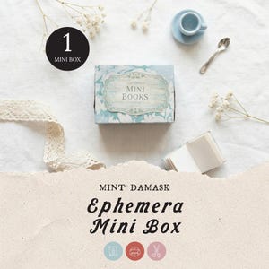 Może przedstawiać: Mini pudełko Ephemera w miętowym damasce z kwiatowym wzorem i napisem "Mini Books" z przodu. Obraz zawiera również małą filiżankę do herbaty, łyżeczkę i małą otwartą książkę.