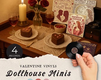 Miniálbumes imprimibles para San Valentín, discos de vinilo en miniatura románticos para imprimir, miniaccesorios para casas de muñecas, decoración para casas de muñecas para imprimir.
