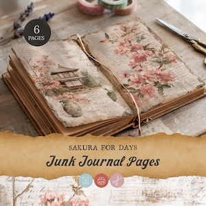 May include: Open junk journal with pages featuring floral and architectural illustrations. The pages are aged with a vintage aesthetic, and the cover is a warm brown. The text "SAKURA FOR DAYS" and "Junk Journal Pages" are displayed.