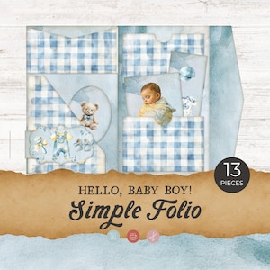 Hello Baby Boy Junk Journal Folio Printables, Blue Gingham Mix & Match Pocket Folio, Simple Folio Kit, Digital Junk Journal Kit, SH02