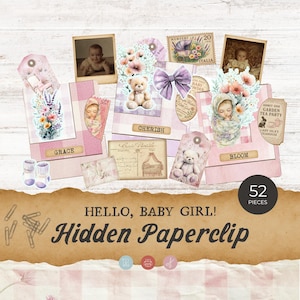 Vintage Hidden Paperclips Printable, Baby Girl Hidden Paperclip Pocket, Pink Hidden Paperclip Bookmark, Junk Journal Hidden Paperclip SH03