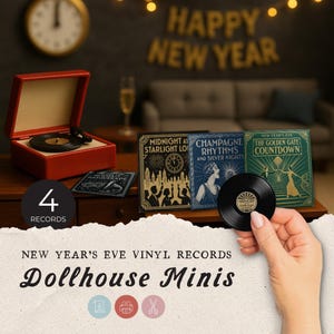 May include: A miniature red record player with a black record, accompanied by four vinyl records. The records have covers with vintage designs and the text "Midnight at Starlight Lo", "Champagne Rhythms", and "The Golden Gate Countdown". The image also includes the text "Happy New Year".