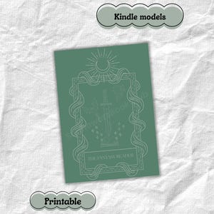 May include: A green printable graphic with a sword and sun design, labeled "The Fantasy Reader." The image also includes text that says "Kindle models" and "Printable."