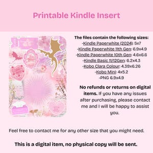 以下が含まれることがあります： Kindleデバイス用のピンク色のデジタルプリント。ドラゴン、ハート、フローラルアクセントなどの装飾要素があります。「Printable Kindle Insert」と書かれており、さまざまなKindleモデルに対応するサイズが記載されています。