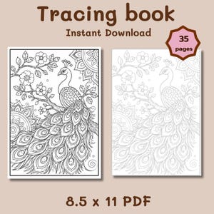 May include: A digital tracing book featuring 35 pages of black and white line art. The cover displays a peacock perched on a flowering branch surrounded by mandala patterns. Text includes Tracing book, Instant Download, 35 pages, and 8.5 x 11 PDF.