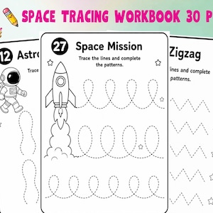Könnte beinhalten: Ein 30-teiliges Arbeitsheft zum Nachzeichnen mit Weltraummotiven auf schwarz-weißen Blättern. Jede Seite enthält Weltraumillustrationen wie einen Astronauten und eine Rakete, mit gepunkteten Linien zum Nachzeichnen und dem Text Space Mission.