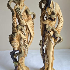 Vintage 19&quot; Carved Resin Asian Pair of Chinese Figures Statues Man & Woman