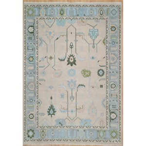 Pastel Oushak Wool Rug: Hand-Knotted Turkish Carpet, Light Blue & Green
