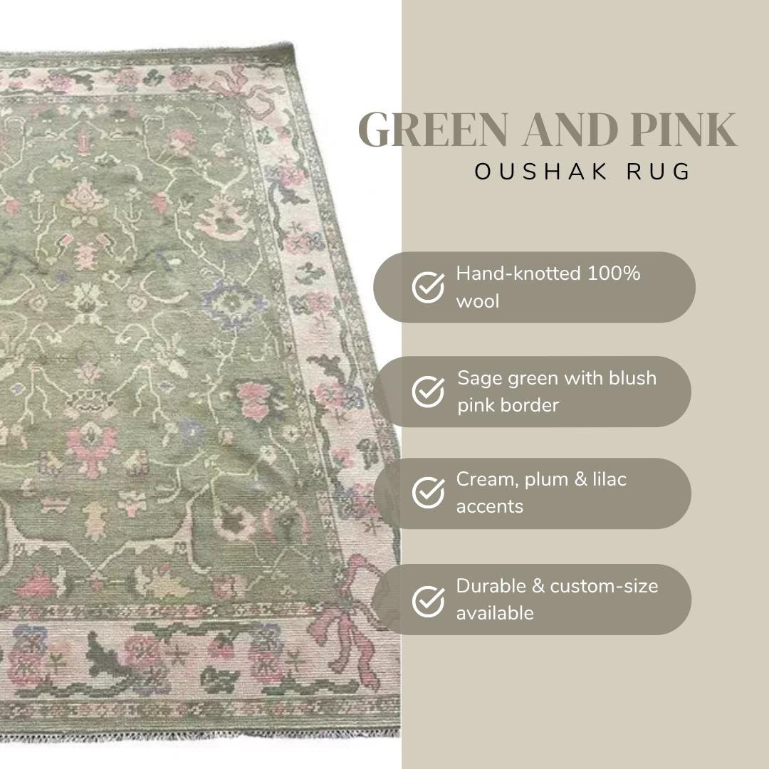Hand-Knotted Wool Oushak Rug: Green & Pink Floral Design