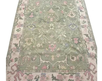 Hand-Knotted Turkish Oushak Rug: Sage Green Floral Design