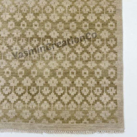 Olive Green & Ivory Oushak Rug, Hand-Knotted Vintage Style Minimal Area Carpet