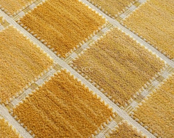Yellow Wool Kilim Rug: Handwoven Geometric Checkerboard, Modern Decor