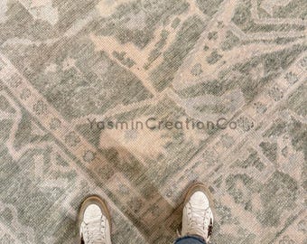 Hand-Knotted Turkish Oushak Rug – Sage Green & Beige Vintage Area Rug.