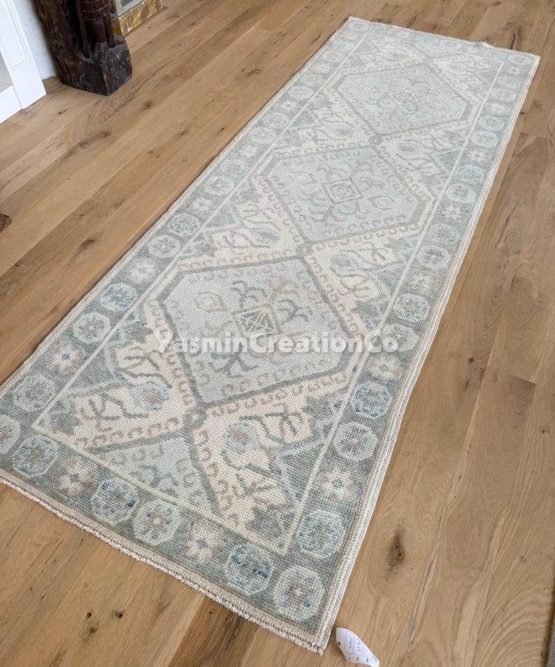 Hand-knotted Wool Runner Rug – Soft Blue & Ivory Vintage Style Runner ...