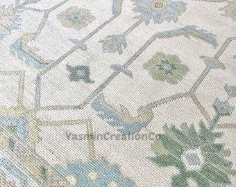 Pastel Blue Ivory Green Turkish Oushak Rug, Vintage Style Hand-Knotted NZ Wool Area Carpet
