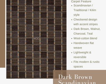 Handwoven Wool Kilim Rug: Dark Brown Checkered Flat Weave