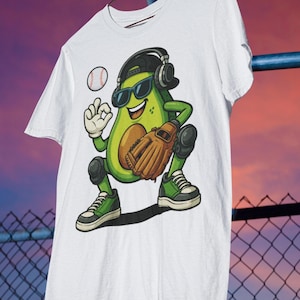 子供と大人向けの面白いアボカドベースボールTシャツ。クールなスポーツフードグラフィックTシャツ。ヘッドフォン、サングラス、グローブ付き。漫画デザインTシャツ。