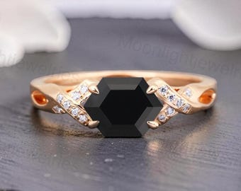 Hexagon Black Onyx Engagement Ring Rose Gold Promise Ring Minimalist Handmade Anniversary Gift Women