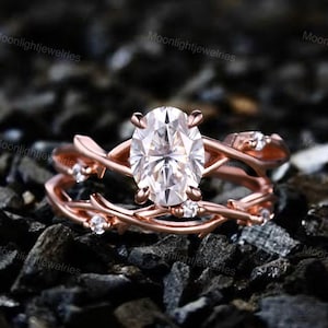 Oval Moissanite Engagement Ring Set: Rose Gold Twig Band, Nature Inspired