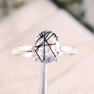 Oval Cut Rutile Quartz Solitaire Ring in Sterling Silver Clear Rutilated Quartz Ring, Handmade Statement Gemstone Anniversary Ring for Women