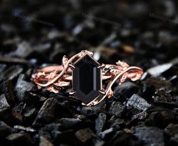 Hexagon Black Onyx Engagement Ring: Rose Gold Vine Band, Gothic