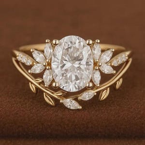Oval Moissanite Engagement Ring Set Gold Floral Leaf Design Vintage Wedding Ring Set For Her Handmade Bridal Jewelry Romantic Gift