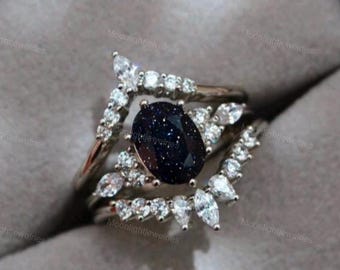 Blue Sandstone Engagement Ring Set, Moissanite Accents, Rose Gold Plated Silver