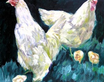 Wandering Hens 20x20 Oil Painting, Holiday gift.