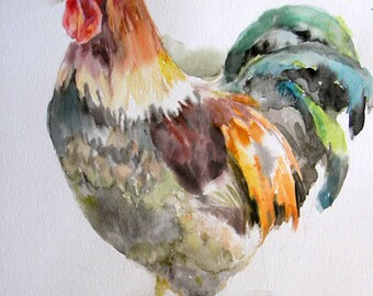 A Rooster in the Sunshine -print from original watercolor painting, Holiday present / birthday present / art collection