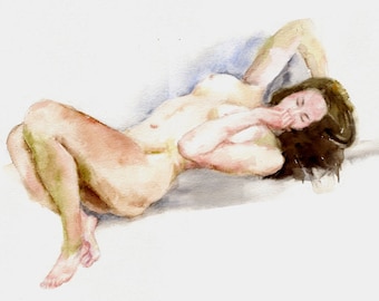 Original watercolor painting of the female nude-06, Holiday present / birthday present / art collection