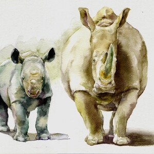 Zwei Nashörner -Druck nach Original Aquarellmalerei, Urlaubsgeschenk / Geburtstagsgeschenk / Kunstsammlung