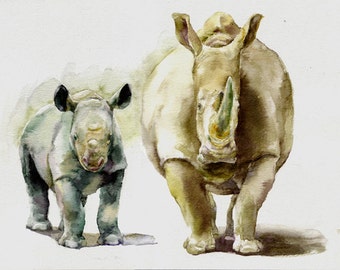 Two Rhinos -print from original watercolor painting, Holiday present / birthday present / art collection