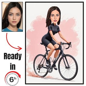 Personalized Cyclist Cartoon Portrait: Custom Biker Caricature (Digital Download A4 Size)
