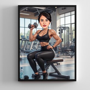 Puede incluir: Ilustraci&oacute;n de dibujos animados enmarcada de una mujer levantando una mancuerna en un gimnasio. Lleva un sujetador deportivo negro, leggings y zapatillas deportivas. El fondo muestra equipos de gimnasia y grandes ventanas.