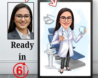 Retrato de dentista personalizado: Caricatura personalizada (descarga digital, tamaño A4 listo para imprimir)