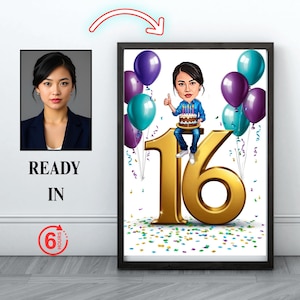Benutzerdefinierte 16. Frau Cartoon Portrait, 16. Geburtstag Karikatur, Geburtstag Cartoon, personalisiertes Geburtstagsgeschenk, Geburtstag der Frau, 16. Einzigartige Karte