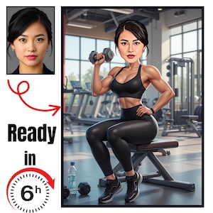 Puede incluir: Caricatura digital de una mujer en un gimnasio, levantando una mancuerna. Lleva un sujetador deportivo negro, leggings y zapatillas deportivas. La imagen incluye el texto "Ready in 6h" con un gr&aacute;fico de reloj y un retrato m&aacute;s peque&ntilde;o de la mujer.