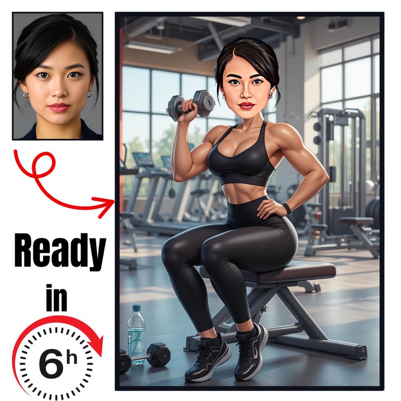Puede incluir: Caricatura digital de una mujer en un gimnasio, levantando una mancuerna. Lleva un sujetador deportivo negro, leggings y zapatillas deportivas. La imagen incluye el texto "Ready in 6h" con un gr&aacute;fico de reloj y un retrato m&aacute;s peque&ntilde;o de la mujer.
